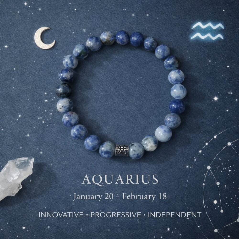 Aquarius Zodiac Sodalite Bead Bracelet Calm, Clarity & Independent Energy